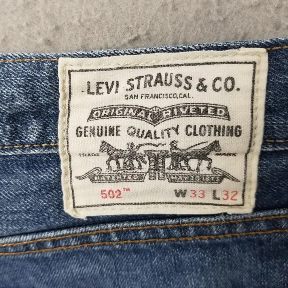 Levis 502 Jeans Mens 33x32 Blue Medium Wash Wellthread Tapered Leg Stretch Denim